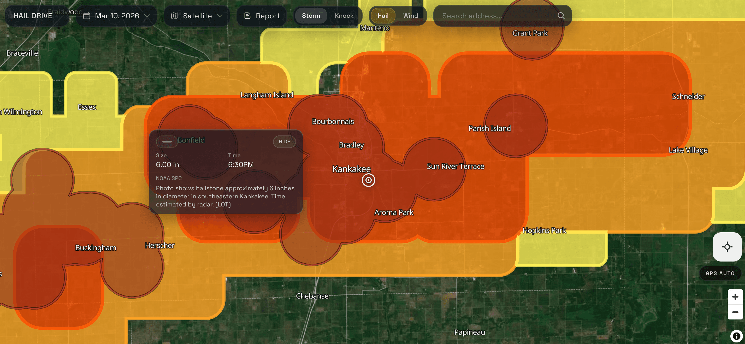 Hail Drive context overview showing hail map depth and broader storm intelligence