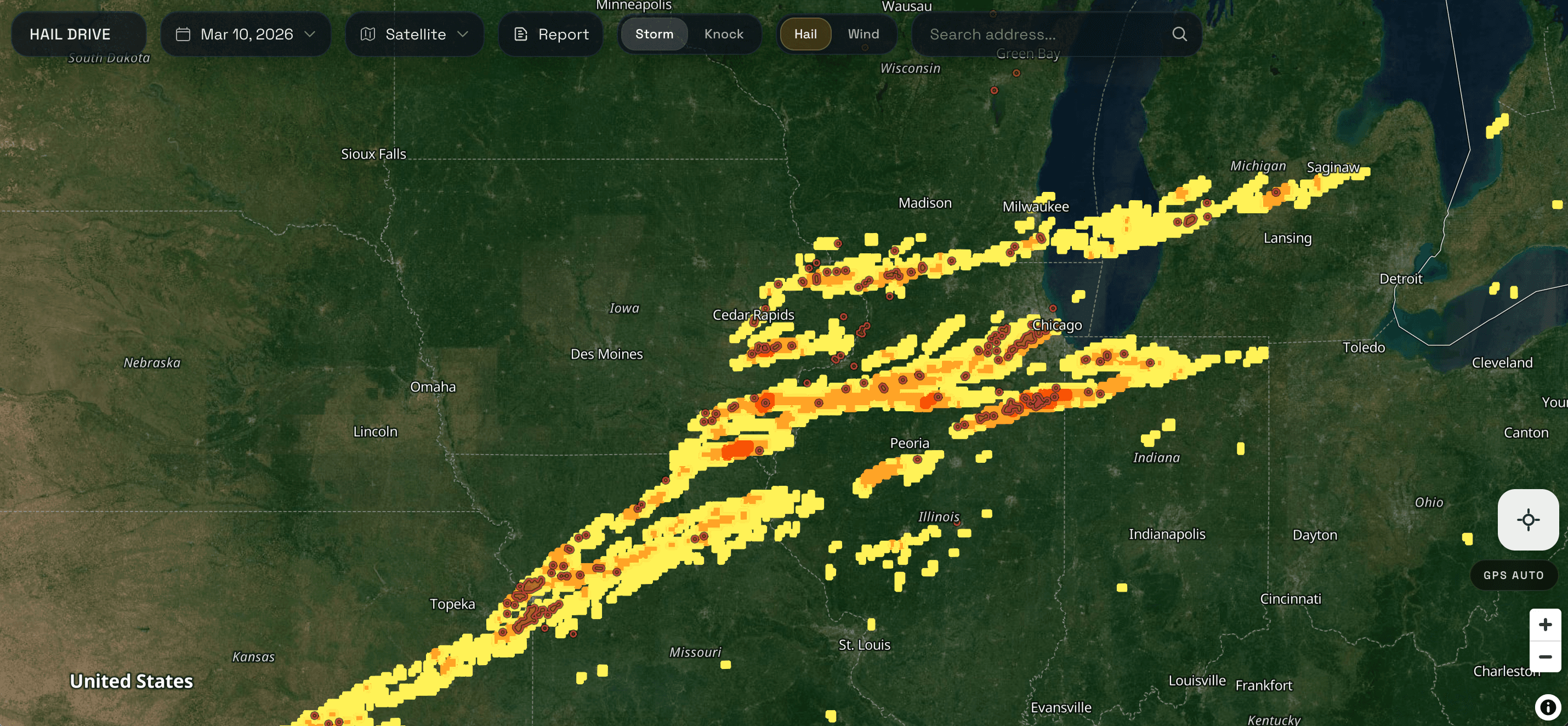 Hail Drive hail map showing a meaningful storm swath across multiple states