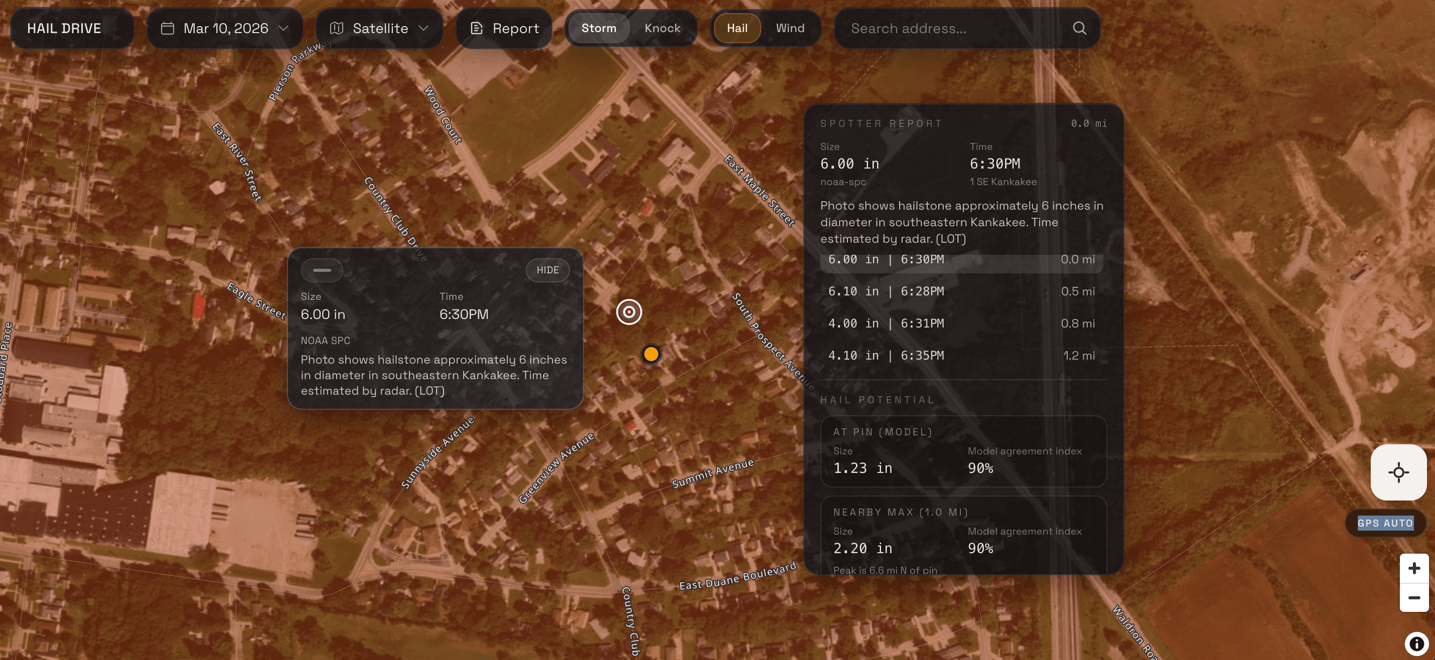 Hail Drive property history showing nearby reports and storm memory around an address